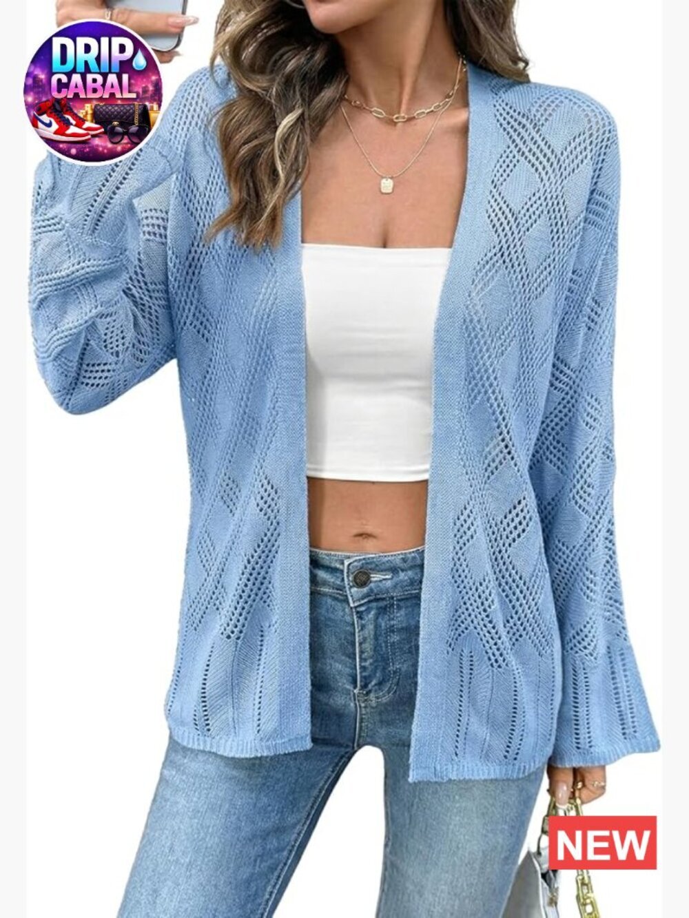 100% Acrylic Crochet Cardigan Open Front Long Sleeve Lightweight Summer Sweater